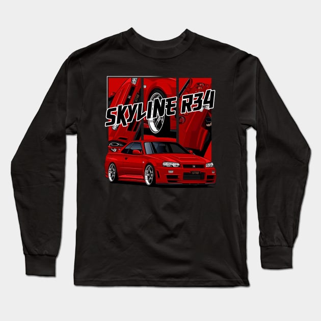 Nissan Skyline r34 GTR Red, JDM Car Long Sleeve T-Shirt by T-JD